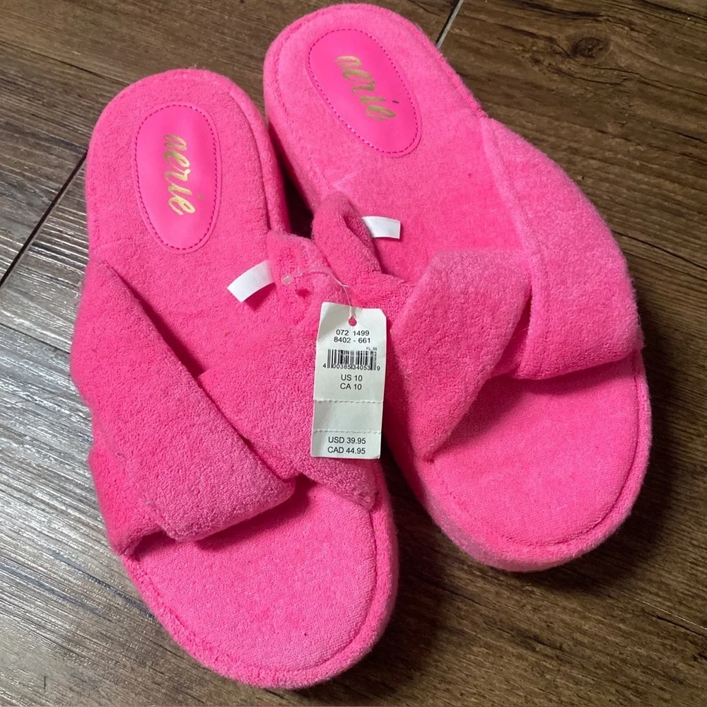 aerie Bright Pink Knotted Terry Platform Slides 10